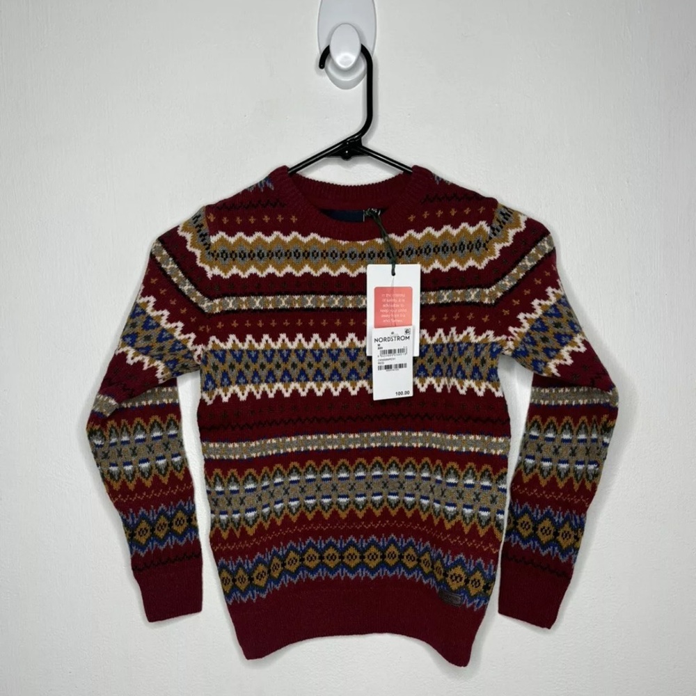 Barbour 100% LambsWool Fair Isle Sweater Boys Size Small 6-7 Burgundy Crew Neck